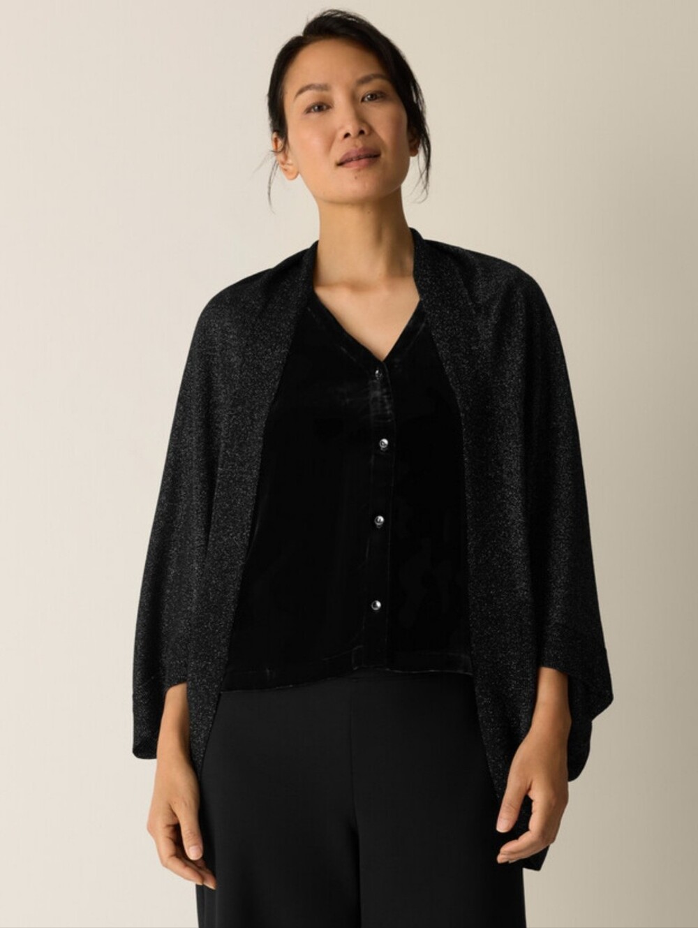 Eileen Fisher Wool Shimmer Serape  Shrug Black Metallic